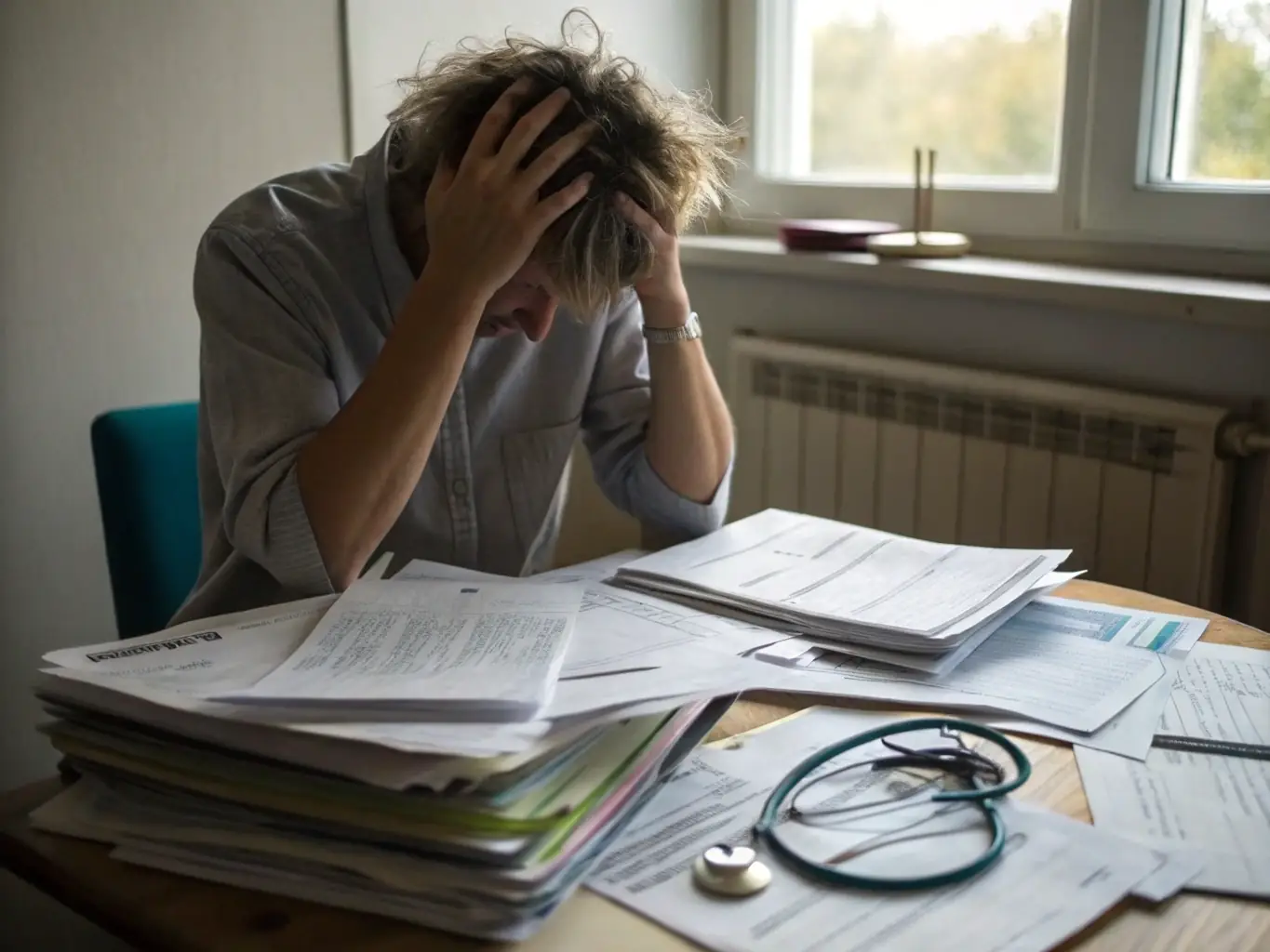 A wellness professional looking stressed and overwhelmed by paperwork, contrasted with a clean, organized digital interface representing AI automation.